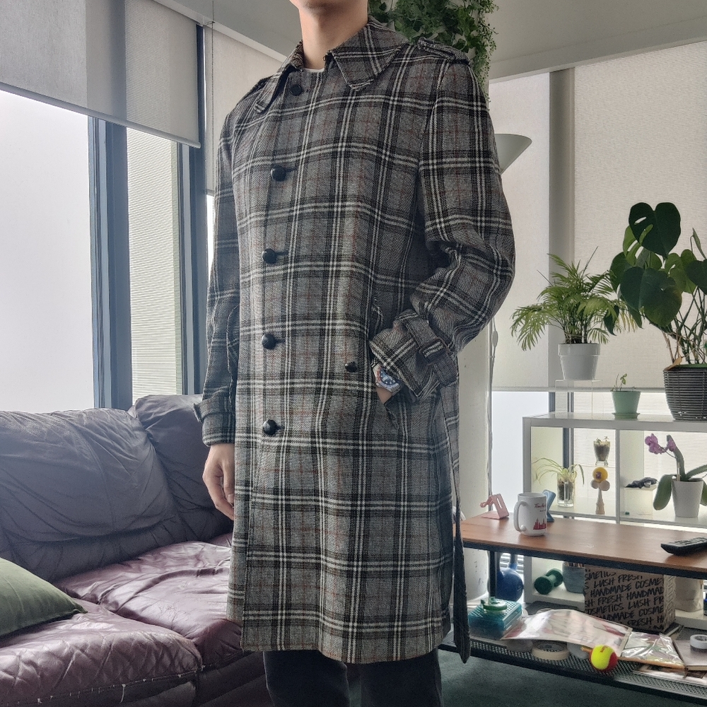 Plaid Trench Coat — Men's Brown/Gray Check